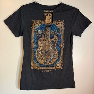 Hard Rock Couture Women’s Graphic Tee Size M Cutout Neck Guitar Boho Y2K Rocker